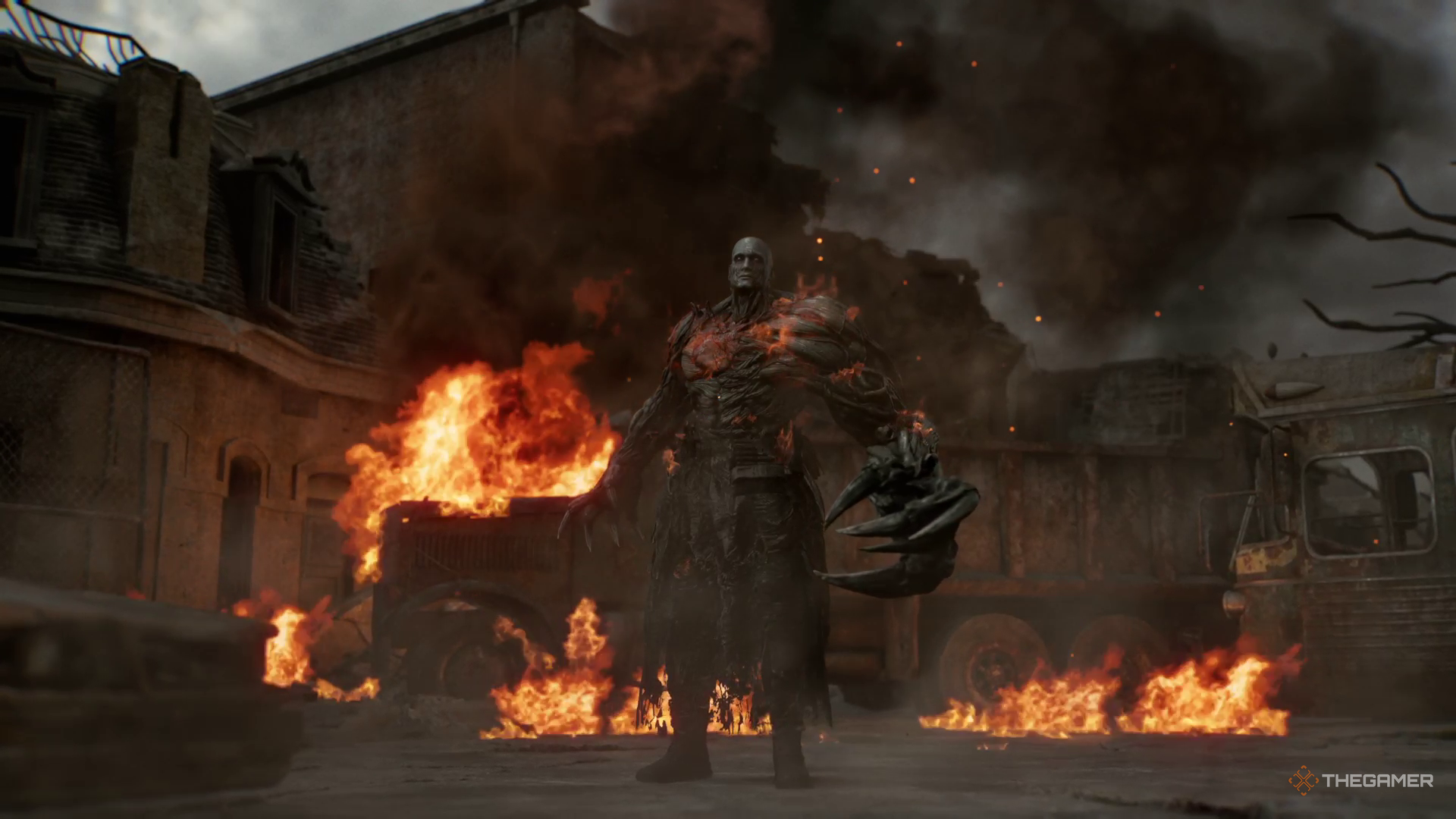 Super Tyrant Mr. X confronting Leon outside the RPD building